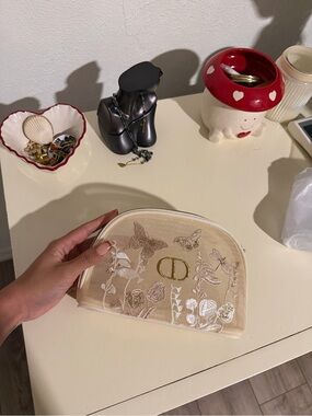 Dior Beige Embroidered Mesh Cosmetic Pouch